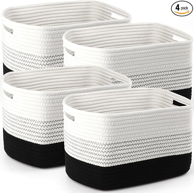 4 Pack Storage Baskets for Organizing, 11''Lx9''Wx8''H Woven Baskets for Storage Toys, Towels, Books, and Clothes, Cotton Rope Basket for Shelves with Handle White & Brown