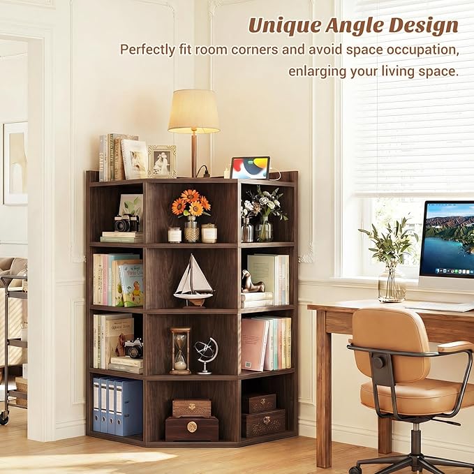 Aheaplus Corner Cabinet, 5-Tier Corner Bookshelf with Power Outlets, Corner Cube Storage Shelf with Top Table, Wooden L Shaped Cubby Toy Storage for Home Office, Bedroom, Living Room, Black Walnut