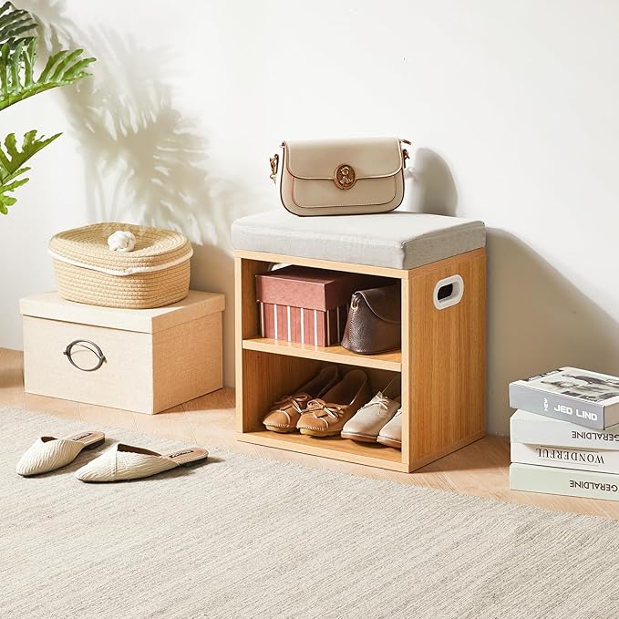 YMYNY Small Shoe Storage Bench with Cushion, Natural, HBD028N | 2 Tier Entryway Bench with Storage, Small Shoe Rack Bench with Adjustable Shelf for Entryway 11 x 15.3 x 16.5 Inches