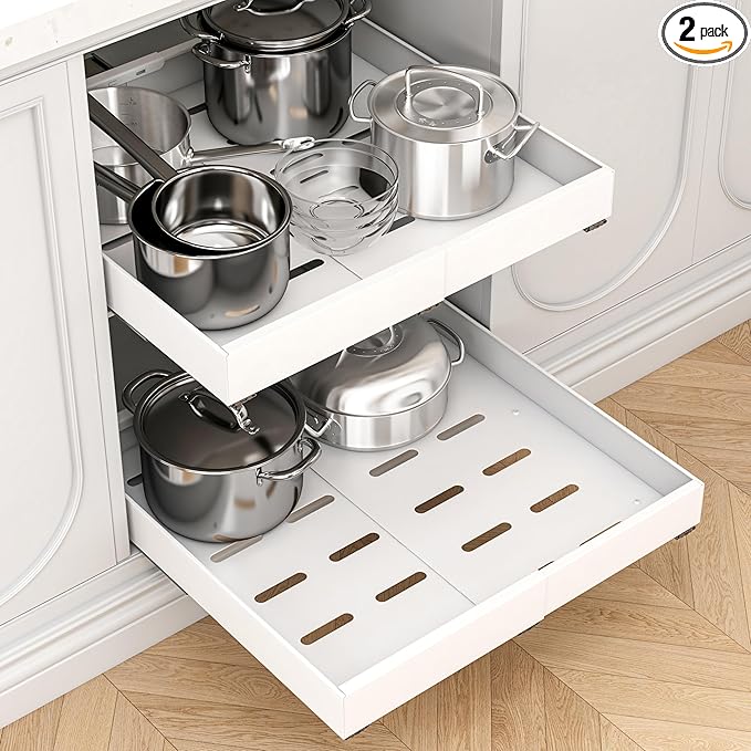 THMINS 2 Pack Expandable Pull Out Cabinet Organizer, 16" Deep Expandable (12.6" - 20.5") 3 Heavy Duty Slide Drawers Pull Out Drawers for Kitchen Storage Cabinet (White)