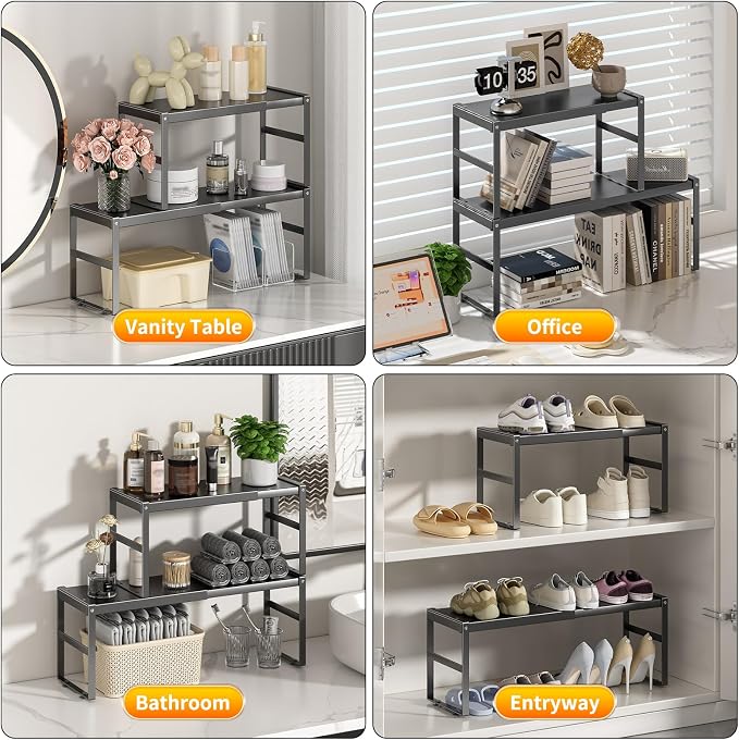 Expandable Kitchen Organizer Shelf, Cabinet Countertop Shelves | Riser Rack, For RV, Kitchen, Pantry, Cupboards, Under Sink and Counter Storage, Office, Adjustable Spice Rack