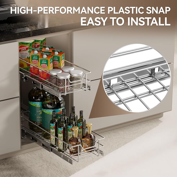 2 Tier Pull Out Cabinet Organizer 9" W X 22" D, Slide Out Drawers for Kitchen Cabinets, Pull Out Drawers for Cabinets Capacity Heavy Duty Caddy, Cabinet Pullout Shelves Chrome-Plated,Bathroom Pantry