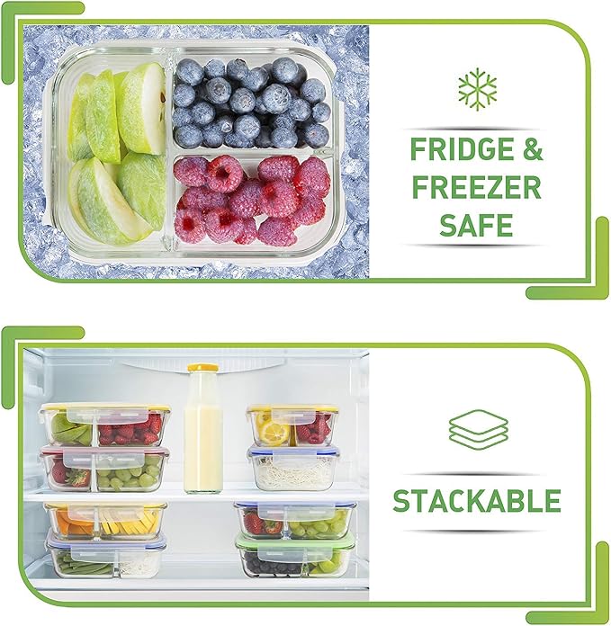 PrepNaturals 4 Pack 34 Oz Glass Meal Prep Containers - Dishwasher Microwave Freezer Oven Safe - Glass Storage Containers with Lids (Multi-Compartment) | Borosilicate Glass Meal Prep Containers - Airtight Leak-Resistant Lids, Microwave, Oven & Freezer S...