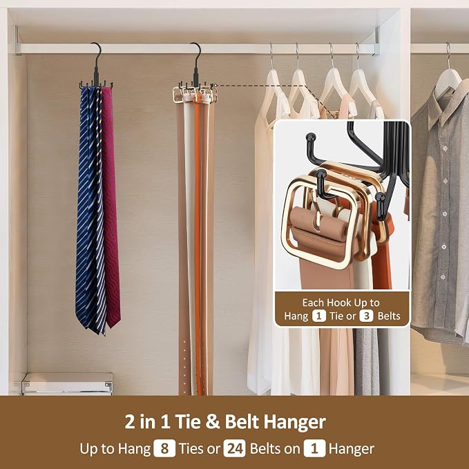 ZEDODIER Belt Organizer for Closet, Heavy-Duty Rotating Belt Hanger Tie Rack Holds up to 24 Belts, Hanging Space Saving Metal Belt Holder for Closet Storage