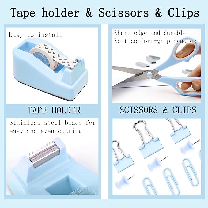Dimonluce Blue Desk Accessories, Blue Office Supplies Accessories with Tape Dispenser, Stapler, Staple Remover, 1000 Staples, Tape, Clips Set, Ruler, Scissor, Pen
