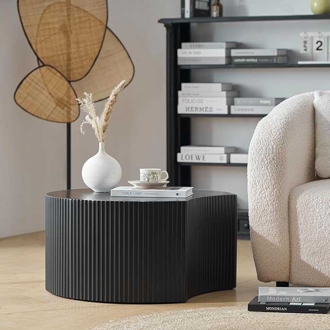 Nesting Coffee Table Set of 2, Modern Drum Side Table End Table, Wave Stripe Round Coffee Table for Living Room, Bedroom, Black-02