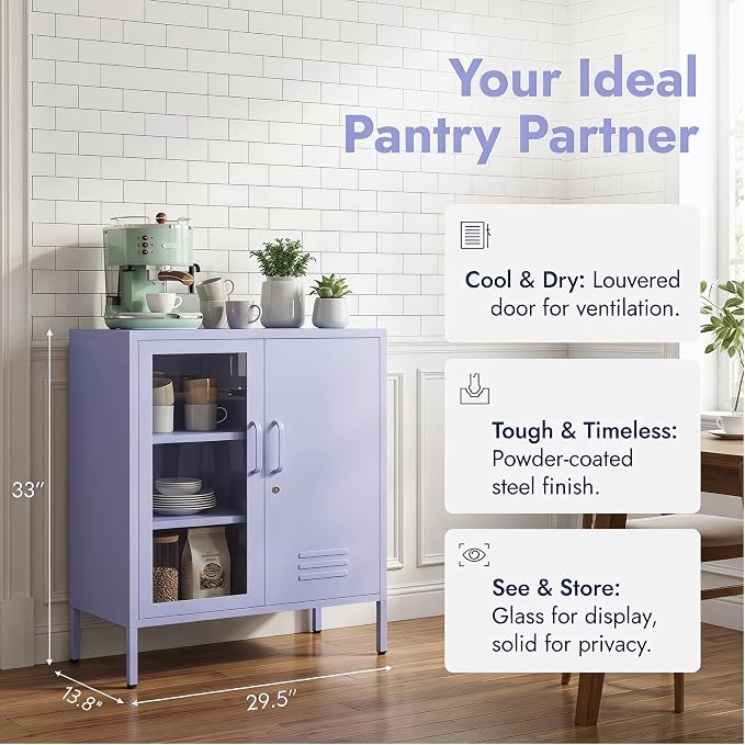 33" Tall Lockable Metal Storage Cabinet with Adjustable Shelves,2 Door Home Freestanding Locker Metal Pantry Cabinet for Living Room,Office,Dining Room,Purple Size: 33" H x 29.5" W x 13.8" D