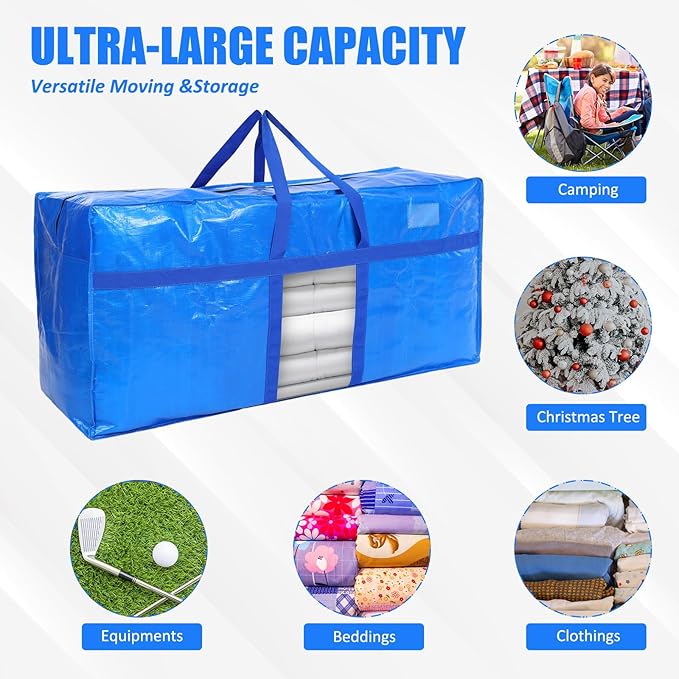 4 Pack 66 Gallon Extra Large Moving Bags with Visible Window XXL Heavy Duty Storage Bag Jumbo Big Tote for College Dorm Clothes Blankets Space Saving Alternative to Moving Boxes(Blue)