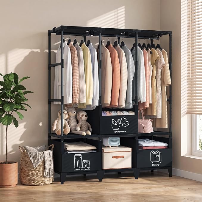 LOKEME Portable Closet,Sturdy Stable Large Capacity Wardrobe Closet,Clothes Rack with Shelves,3 Folding Areas,3 Storage Areas,3 Hanging Areas,Suitable for Bedrooms and Dormitory,50in Black