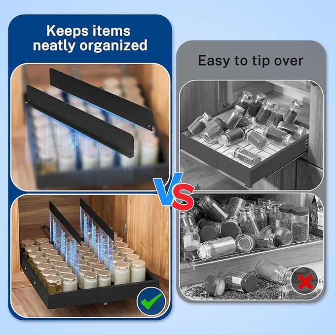 Insputer 1 Pack Pull Out Cabinet Organizer Expandable (12.4"-20.08")W & (16.26"-22.44")D, No Drill Slide Out Drawers with 3 Slide Rail, 2Pcs Magnetic Panel, Adhesive Roll Out Shelf for Kitchen, Pantry