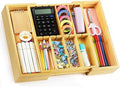 TREWAVE Bamboo Desk Drawer Organizer, Expandable Drawer Organizer Tray with Adjustable Dividers, Wooden Storage Organizers for Office Supplies, Crafts, Makeup & Kitchen Cutlery, 12.6" - 15.6" Wide
