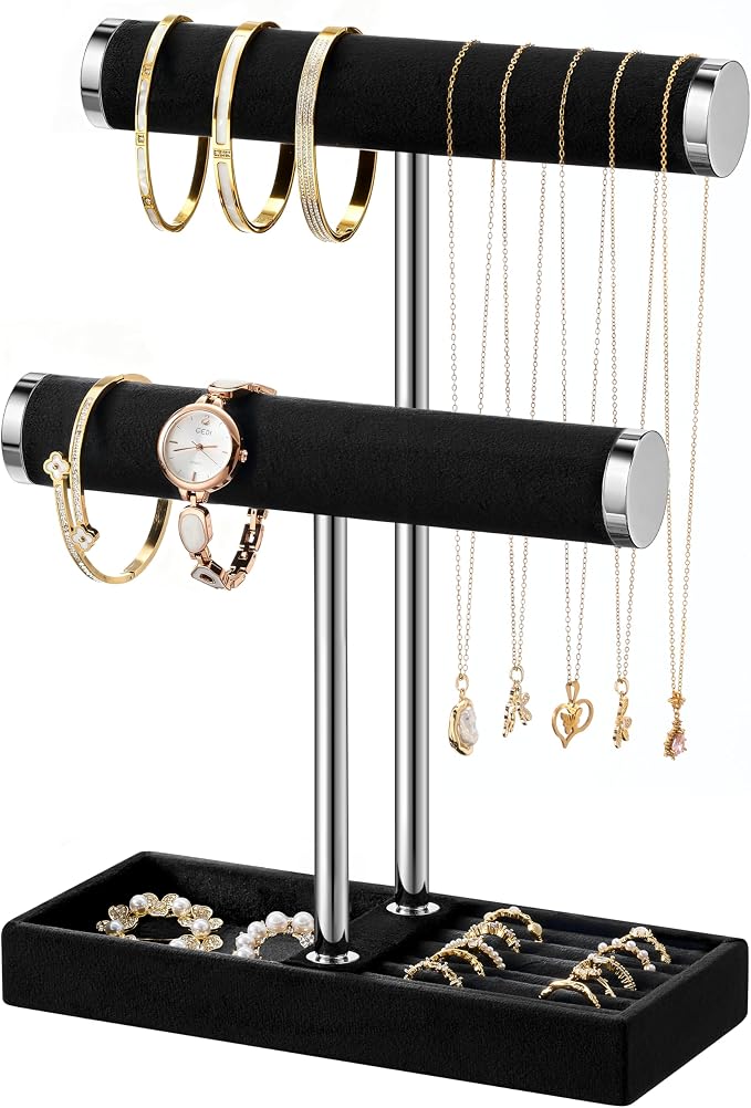 bussdis 2 Tier Bracelet Holder Display - Detachable T Bar Black and Silver Velvet Bracelet Holder, Jewelry Holder Organizer for Bracelet, Necklace, Earrings, Rings