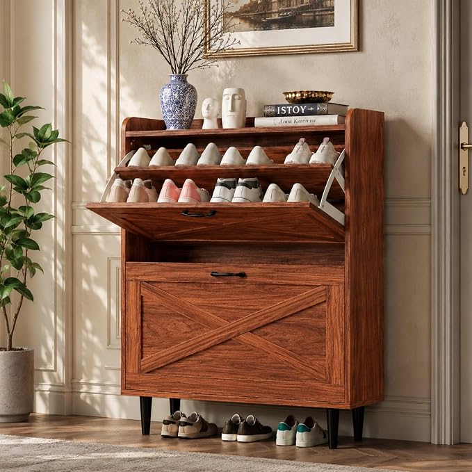 VINGLI Shoe Storage Cabinet for Entryway with 2 Flip Drawers, Ultra Slim Freestanding Entryway Shoe Organizer with Wood Tapered Legs,Hidden Closed Shoe Rack,31.6" W * 9.4" D * 39.4" H, Walnut