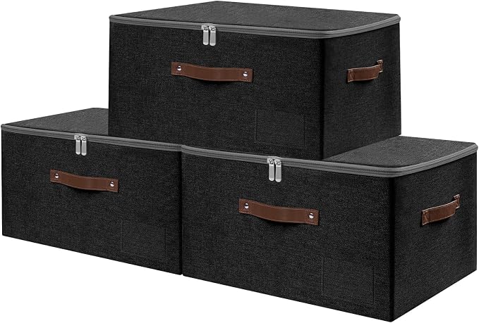 ANMINY Fabric Storage Box Bins with Zipper Lid, Washable Black, 3PCS | Cotton Linen Fabric, PP Board Frame, Label Holder, Stackable & Foldable, PU Handles, Dual-Zipper 3-Side Open Lid, Large