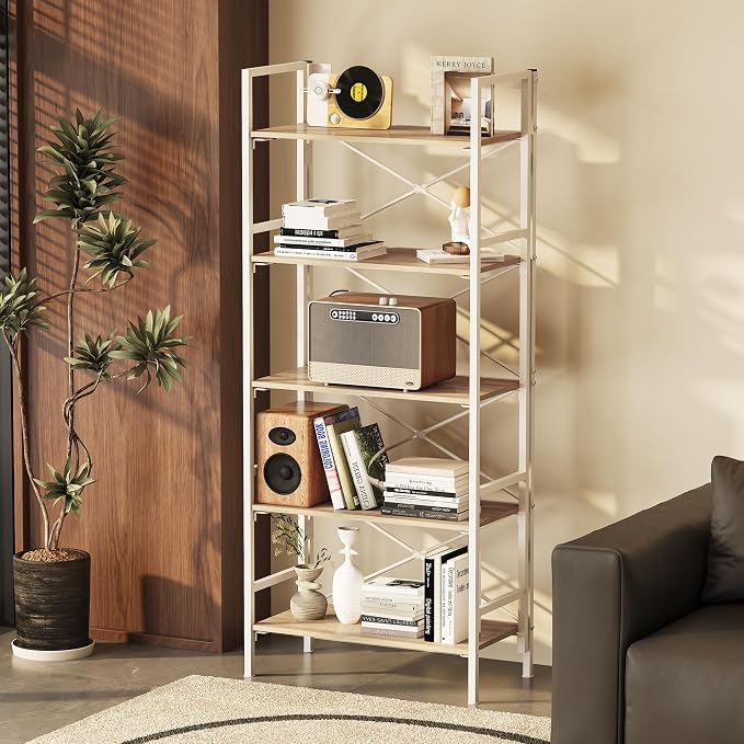 Homeiju Folding Bookshelf,5 Tier Bookcase Foldable Shelf with X-Bracket Design, Adjustable Feet, Space Saving Storage for Living Room, Office, Light Coffee