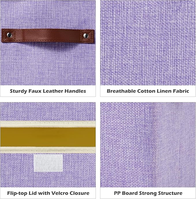 2PCS Storage Boxes with Lid Cotton Linen Fabric Storage Bins Organizer Container Decorative Collapsible Washable Shelf Closet Baskets Faux Leather Handles Home Bedroom (Purple, Large)