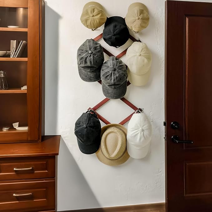 SKOLOO Hat Rack for Wall with 14 Hooks, Solid Wooden, Modern, Expandable Coat Rack Wall Mount for Coats, Hats, Bags, Baseball Caps, Cherry Red