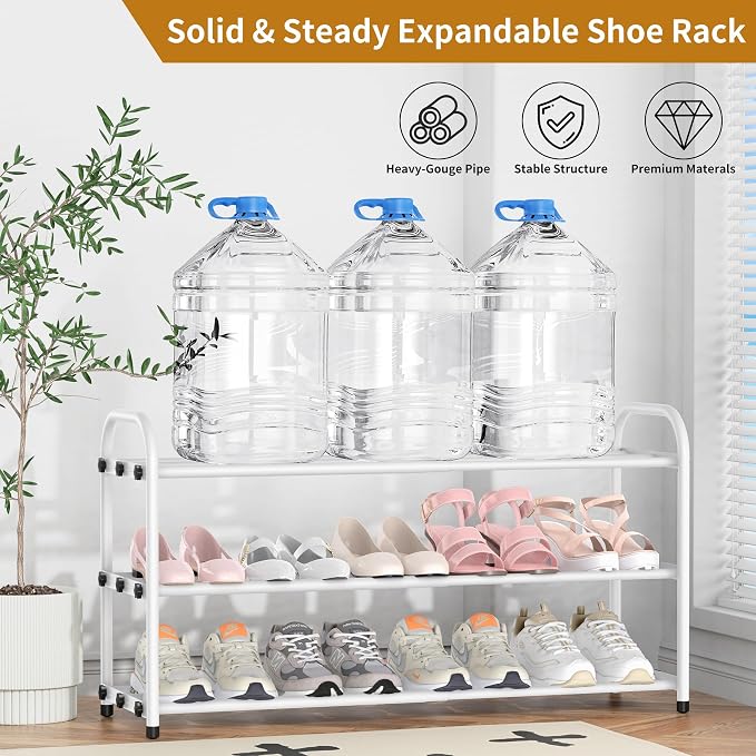 Hleelomi 3-Tier Expandable Shoe Rack for Entryway，Adjustable Metal Shoe Organizer for Closet,Living Room,Dorm, White