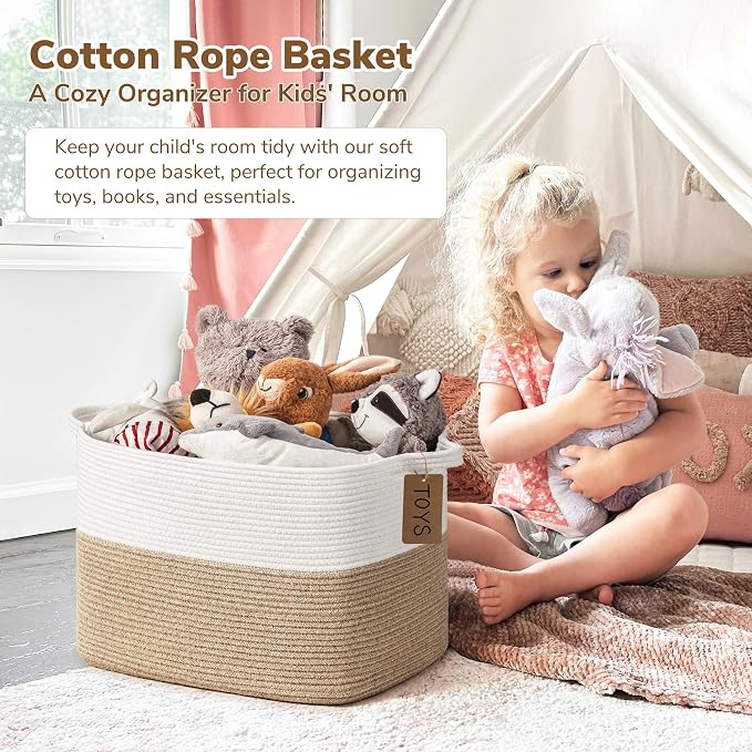 Goodpick Woven Storage Baskets for Organizing, Nursery Toy Baskets Storage Kids, Cotton Rope Basket with Handles, Rectangle Blanket Basket for Living Room, 18 x 14 x 12 Inches