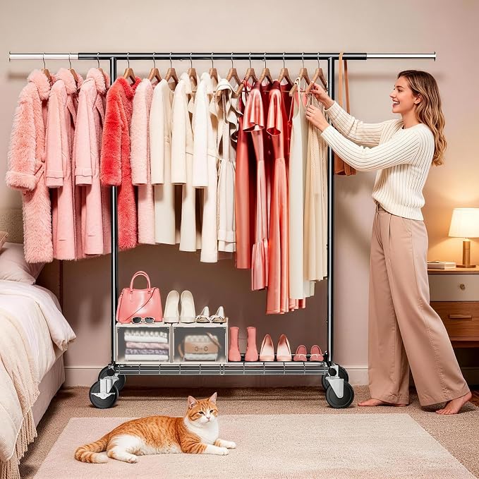 Heavy Duty Clothes Rack for Bedroom - Load 420 LBS - Rolling Clothing Rack for Hanging Clothes with Lockable Wheels & Shelves - Extendable Garment Rack for Closet Laundry - Black