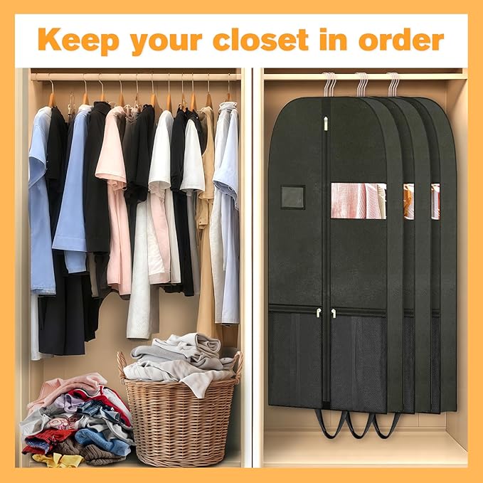Long Garment Bag for Hanging Clothes Travel, 60'' Dress Bags for Gowns Long Dance Costumes Womens Coats, Suit Bag Clothes Cover for Closet Storage With Handles Pockets and Zipper, Black