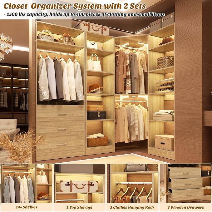 Besiost Corner Closet System with 3 Drawers, Corner Closet Organizer System with 13 Shelves & 3 Hanging Rods, 63.2"L * 39.2"W Reversible L Shaped Walk-in Closets, Load 2000+LBS, White Oak