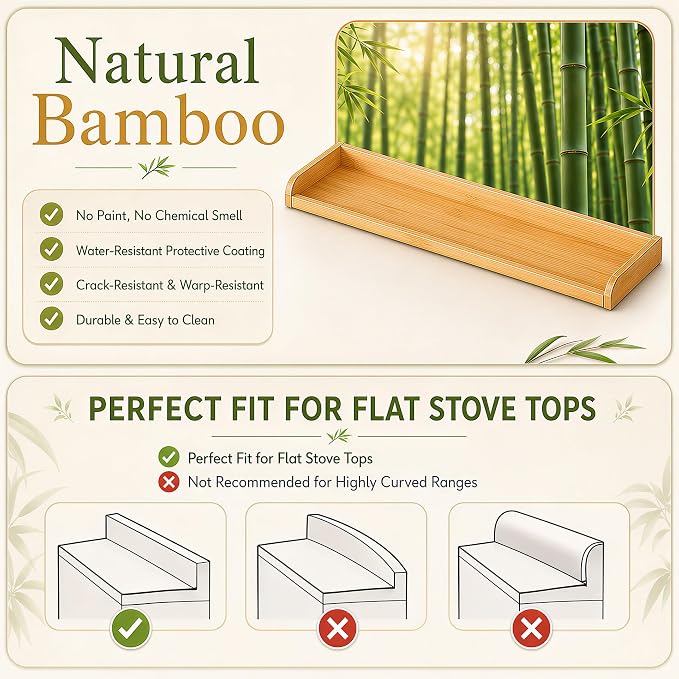 Magnetic Stove Top Shelf 30 Inch – Over the Stove Spice Rack Organizer for Flat Top Stoves, Strong Magnetic Bamboo Kitchen Shelf, Space Saving Stove Top Storage Rack, Tool-Free Installation, Natural