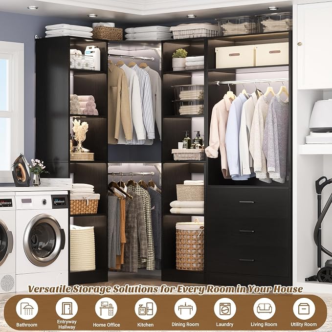 Besiost Corner Closet System with 3 Drawers, Corner Closet Organizer System with 13 Shelves & 3 Hanging Rods, 63.2"L * 39.2"W Reversible L Shaped Walk-in Closets, Load 2000+LBS, Black