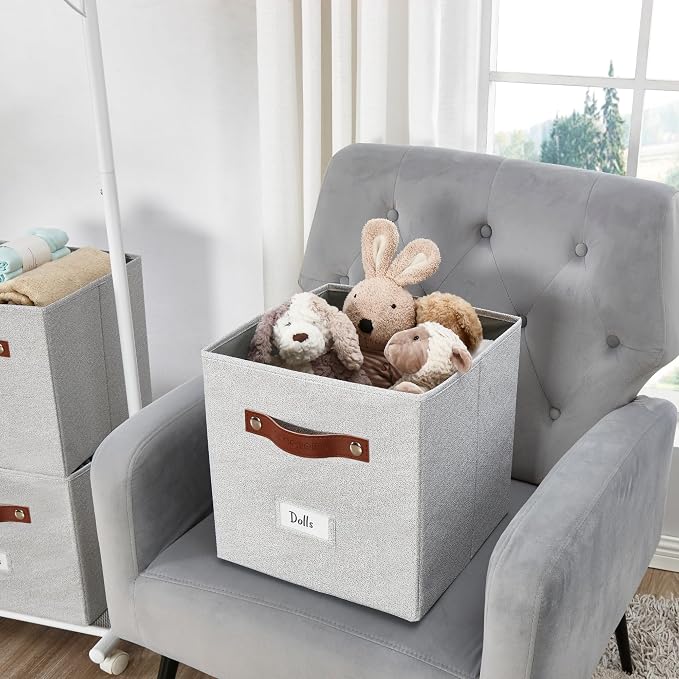 DECOMOMO Storage Bins, Cube Storage Bin with Labels, Fabric Storage Cubes for Shelves (11" / 6pcs, Light Texture Grey)