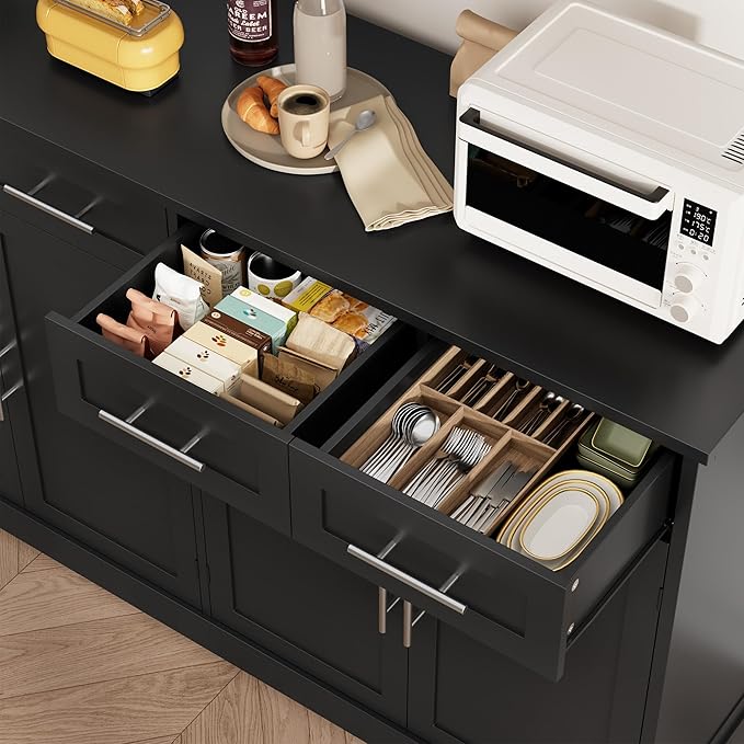 HOSTACK 60" W Sideboard Buffet Cabinet with Storage, Kitchen Cabinet, Black | 36" Tall Kitchen Buffet Storage Cabinet with 4 Drawers, Large Coffee Bar Cabinet, Modern Buffet Table for Dining Living Room