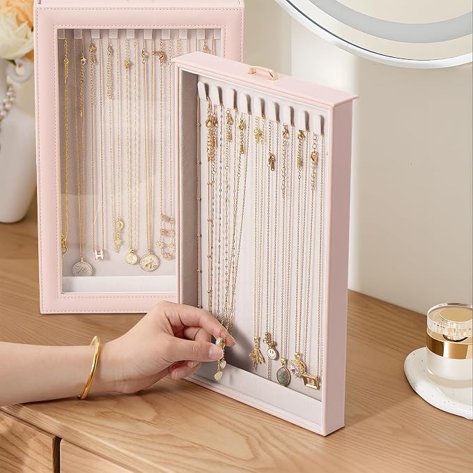 Lolalet Necklace Organizer Box, Jewelry Storage Box with Clear Window for Necklaces Bracelets, Tangle-Free Necklace Display Case for Women Girls, Pink, 2 Layers 20 Hooks