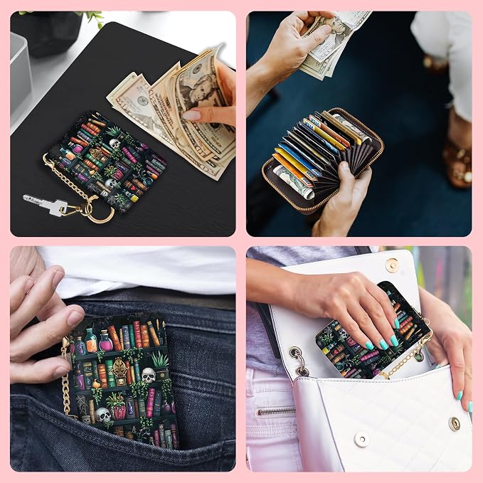 Blusabaca RFID Credit Card Holder Small Women Travel Wallet, Bookshelf Goth | Removable Keychain, Case with Zipper, Vegan PU Leather, Cash Coin Pocket, Business Accordion Purse, Ladies Female Gift