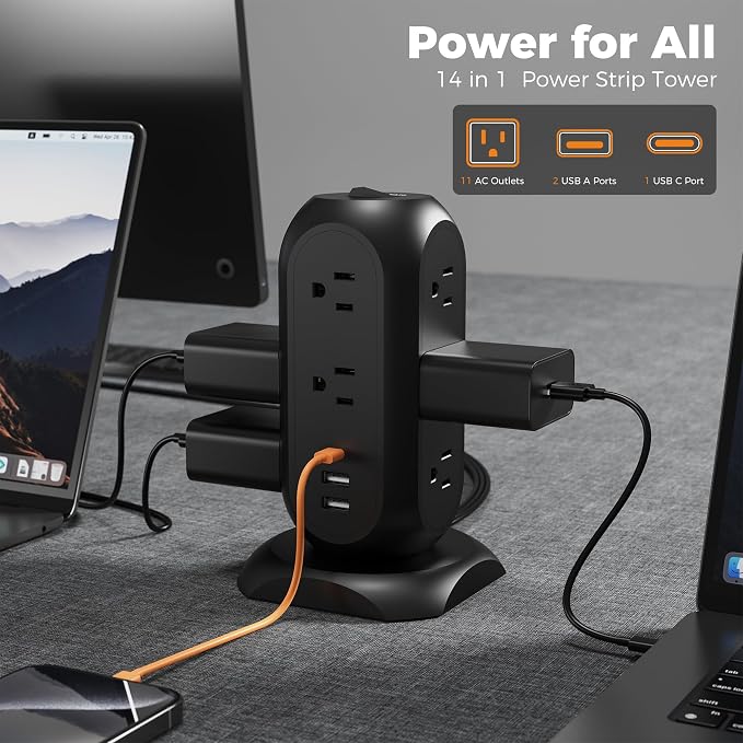TESSAN Tower Power Strip Flat Plug with 1050J Surge Protection, 6 Ft, Black | 11 Outlets 3 USB (1 USB C), Surge Protector Power Tower, Extension Cord with Multiple Outlets, Dorm, Office Desk Supplies