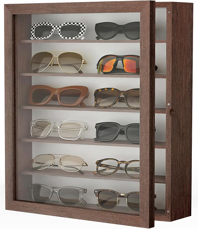 TJ.MOREE Sunglass Organizer Wall Mounted Glasses Holder Display Case 6 Tier | 13 x 15.6 inches Wooden Storage Box for Multiple Pairs Eyeglasses Sports Sunglasses
