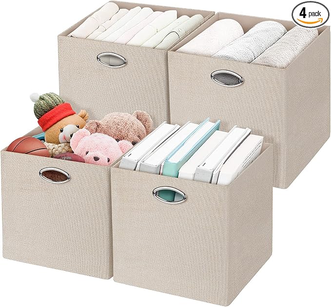 Posprica Storage Cubes, 12×12 Storage Bins, Fabric Drawers Organizer Basket, 4pcs, Beige
