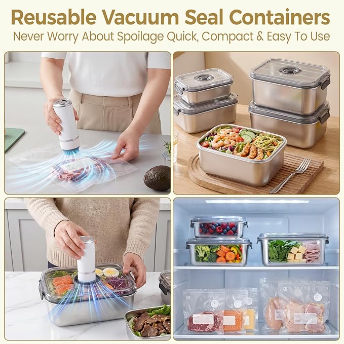 Compact Vacuum Seal Stainless steel Food Storage Containers (Vacuum Sealer Machine+3 Stainless steel Vacuum Containers+16 Reusable Vacuum Bags) for Vacuum Preservation, Refrigerators, Food Storage