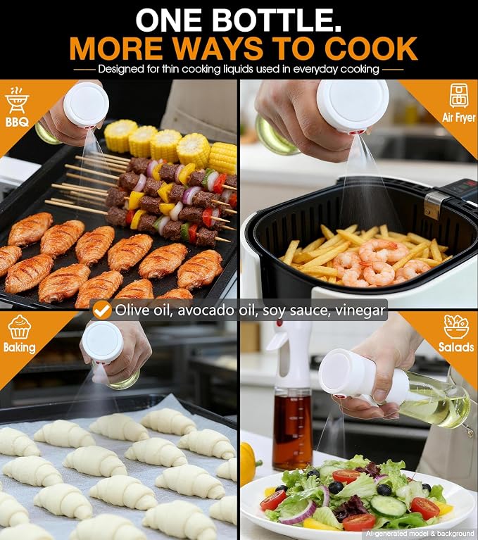 Oil Sprayer for Cooking, Olive Oil Sprayer, Approx. 1g Per Press (2) | Patented Spray Structure, Glass Bottle, Wide Fan Mist, Built-in Filter for Air Fryer, Salad, BBQ and Baking