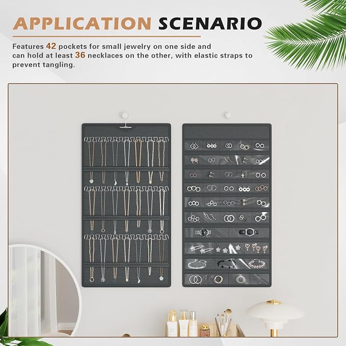 Hanging Jewelry Organizer, Double-Sided Necklaces Holder, Dark Gray | 42 clear pockets organize rings & earrings; 36 wire necklace hooks reduce tangles; top hook hangs in closets, walls or doors.