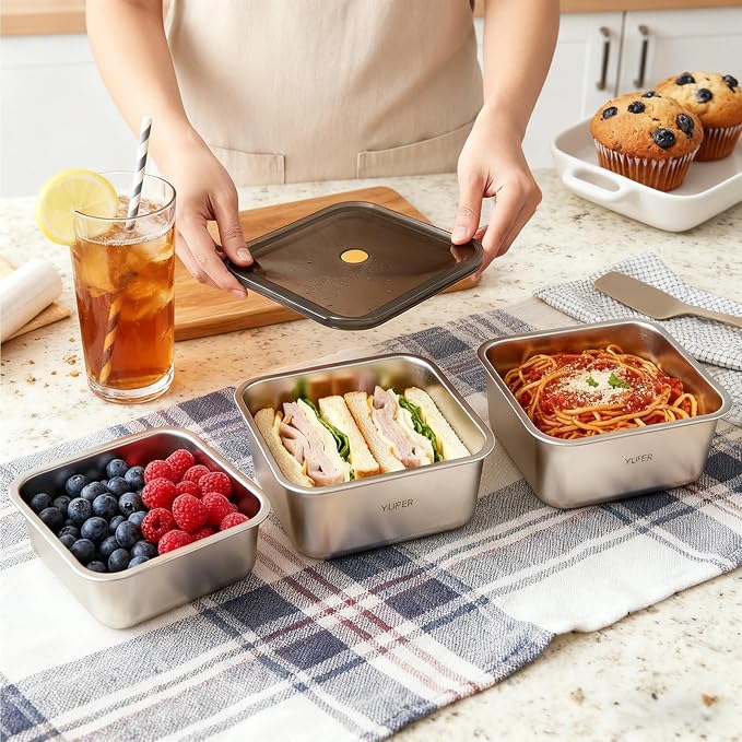YUPER Stainless Steel Food Storage Containers, Meal Prep Container Sets with Lids, BPA Free, Leak Proof & Airtight, Microwave, Dishwasher, Fridge, Freezer & Oven Safe, 3 Pack (40+67+88OZ)