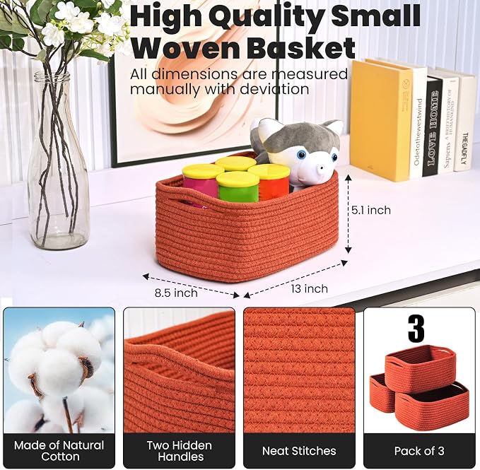 ICERZCZ Small Red Woven Baskets for Organizing, Basket for Gifts Empty, Cotton Rope Baskets for Storage, Organizer Bins for Organization, 13"×8.5"×5.1" (3 Packs) Brick Red