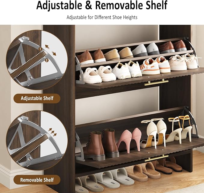 Fluted Shoe Storage Cabinet for Entryway, Narrow Wooden Shoe Cabinet with 2 Flip Drawers & Pull-Out Drawer, Modern Freestanding Slim Shoe Organizer Rack for Foyer/Hallway/Living Room, Walnut