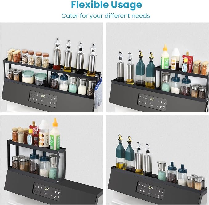 OTraki 2 Tier Strong Magnetic Oven Shelf 30 Inch Length Spice Rack Over The Stove Shelf with 2 Anti-Slip Mats Seasoning & 4 Hooks Kitchen Spice Storage Organizer Black | Over The Stove Shelf with 2 Anti-Slip Mats Seasoning & 4 Hooks Kitchen Spice Stora...
