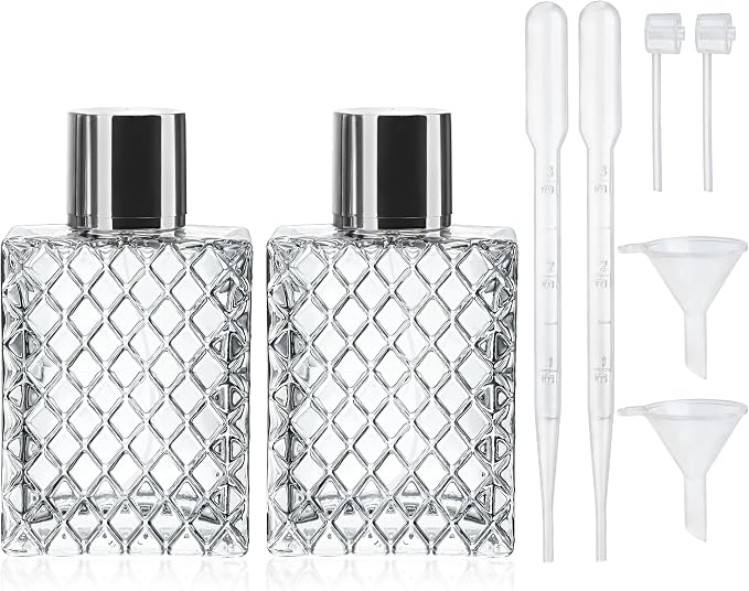 YU FENG 2 Pack Perfume Spray Bottles, 100ml/3.4oz Refillable Glass Atomizer | Diamond Pattern Clear Glass Bottle, Fine Mist Spray, Empty Cologne Container, Essential Oil & Travel Perfume Atomizer