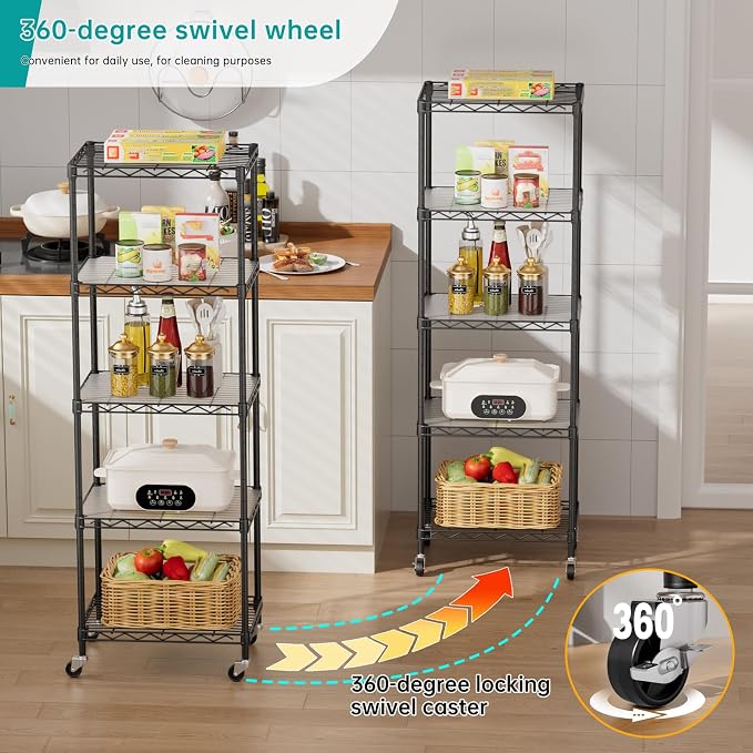 SINGAYE Small 5 Tier Shelves Wire Storage Shelving Adjustable Metal Shelf | With Wheels Home Storage Small Rack Pantry Closet Unit for Laundry Room Organization Bathroom Kitchen