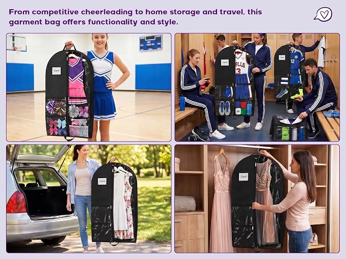 Dance Garment Bags for Dancers, 40" Garment Bags for Hanging Clothes with 3 Clear Zipper Pockets, Cheer Uniform Garment Bag for Suits, Travel & Sports Jersey, Cheer Uniform (Black, 1Pack 40")