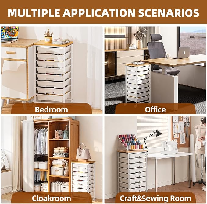 Rolling Storage Cart with 8 Drawers, Utility Cart with Wooden Tabletop and Lockable Wheels, Movable Craft Cart, Craft Storage Organizer for Living Room, Bedroom, Classroom, Office, White