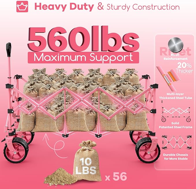 Originsure 48" L Collapsible Wagon Cart Foldable, 560lbs Weight Capacity 300L Heavy Duty Folding Beach Wagons with Big All-Terrain Wheels, Utility Carts for Groceries, Camping, Sports - Pink