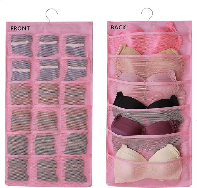 Hanging Mesh Pockets Dual-Sided Closet Organizer for Underwear,Bra,Socks,Accessories with Hanger,Total 24 Pockets Pink