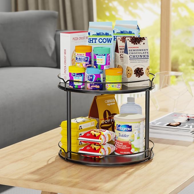 Lazy Susan Organizer 2 Tier - 12.4" Turntable Spice Rack for Table Top, Wooden Rotating Lazy Susan for Cabinet Pantry Kitchen Countertop Dining Table Cupboard Bathroom Vanity Storage(Black)