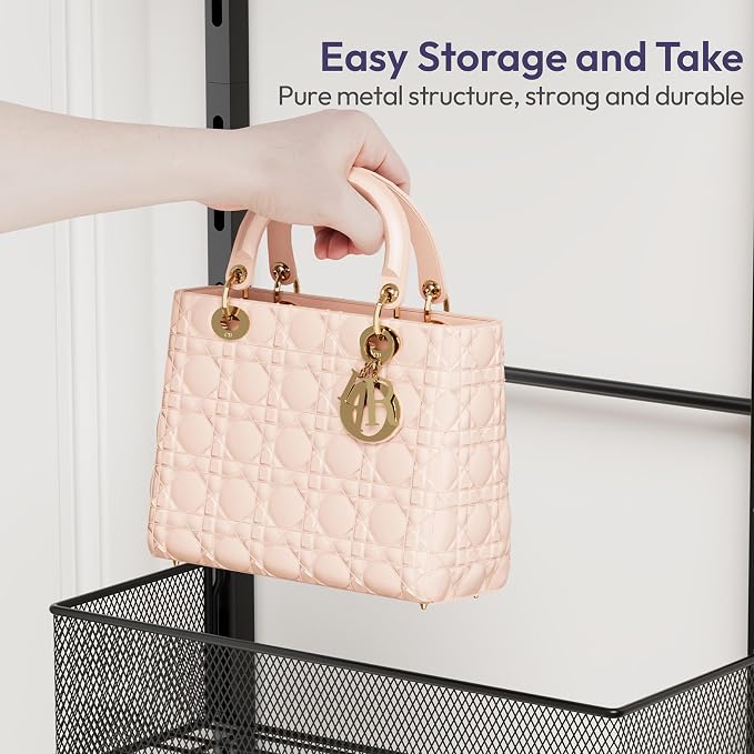 SWTYMIKI Over the Door Purse Organizer - Wall Mounted Purse Rack with 4 Adjustable Metal Basket and 6 Hooks, Hanging Bag Rack for Handbag Organizer, Bag Storage Can Use As 1/2 Part, for Door